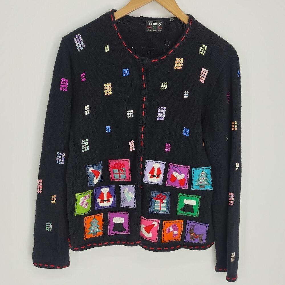 Ugly Christmas Sweater Knit Beads Patches Cardigan Black Size Small
